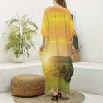 Sunrise Field Print Silk V-Neck Kaftan Dress