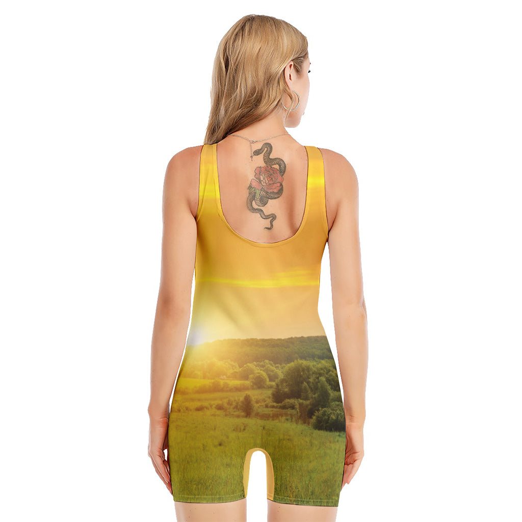 Sunrise Field Print Sleeveless One Piece Swimsuit