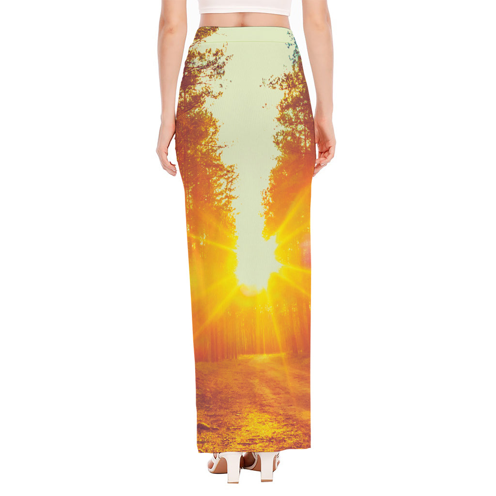 Sunrise Forest Print High Slit Maxi Skirt