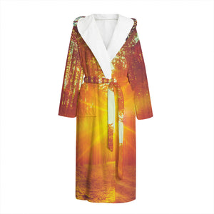 Sunrise Forest Print Hooded Bathrobe