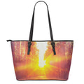 Sunrise Forest Print Leather Tote Bag With Zipper