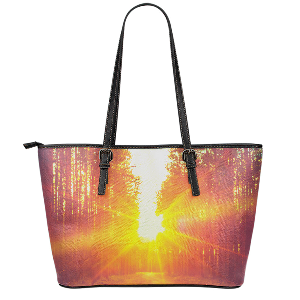 Sunrise Forest Print Leather Tote Bag