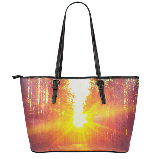 Sunrise Forest Print Leather Tote Bag