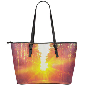 Sunrise Forest Print Leather Tote Bag