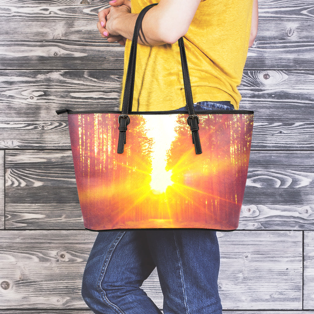 Sunrise Forest Print Leather Tote Bag