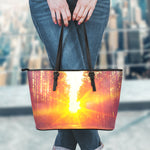 Sunrise Forest Print Leather Tote Bag