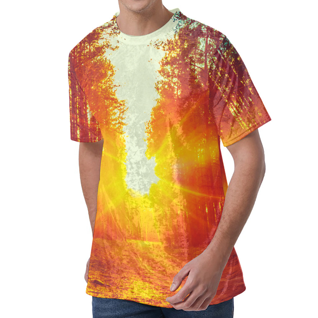 Sunrise Forest Print Men's Velvet T-Shirt