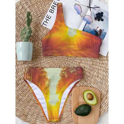 Sunrise Forest Print One Shoulder Bikini Top
