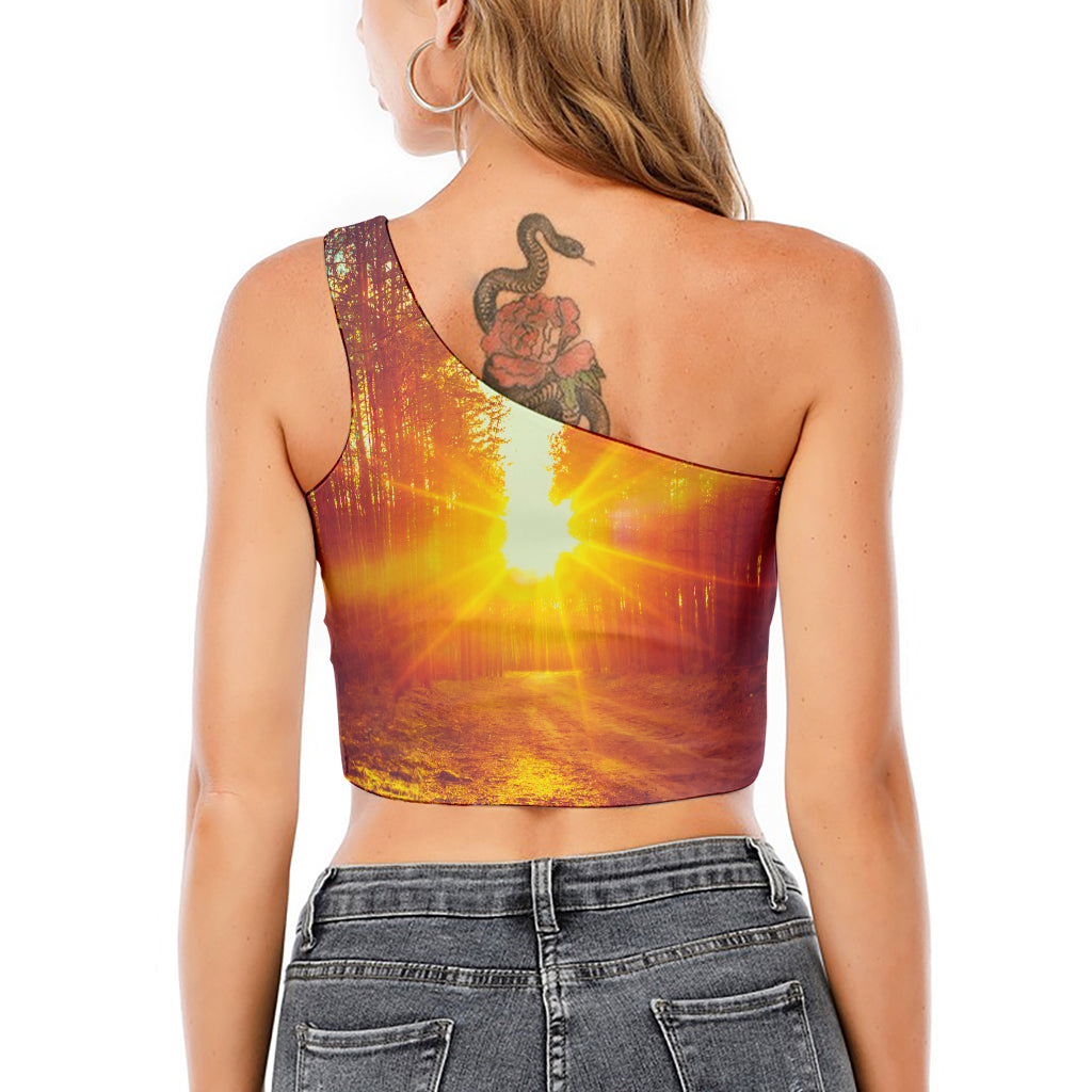 Sunrise Forest Print One Shoulder Crop Top