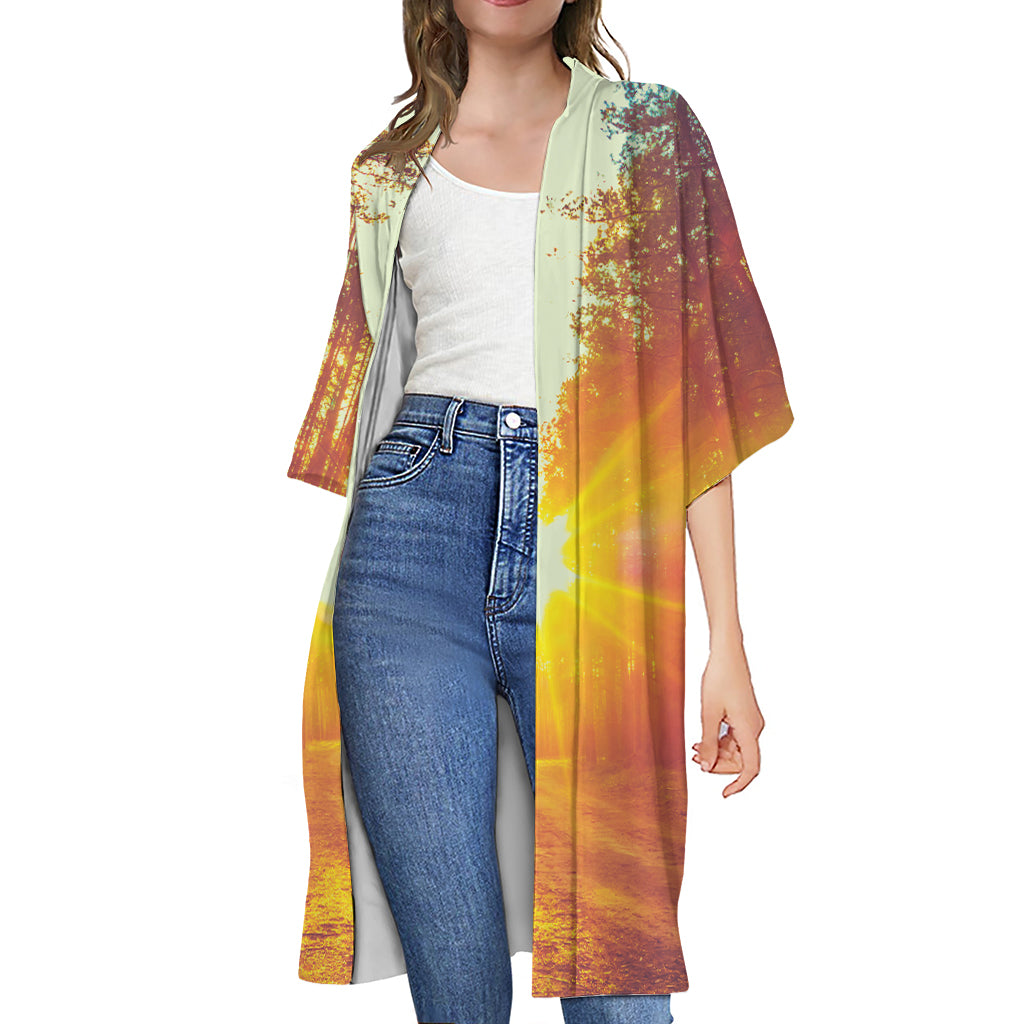 Sunrise Forest Print Open Front Beach Cover Up