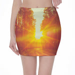 Sunrise Forest Print Pencil Mini Skirt