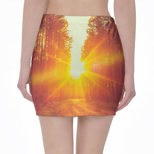 Sunrise Forest Print Pencil Mini Skirt