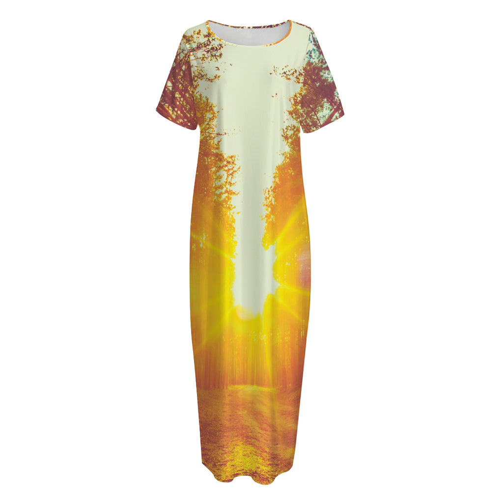 Sunrise Forest Print Short Sleeve Long Nightdress