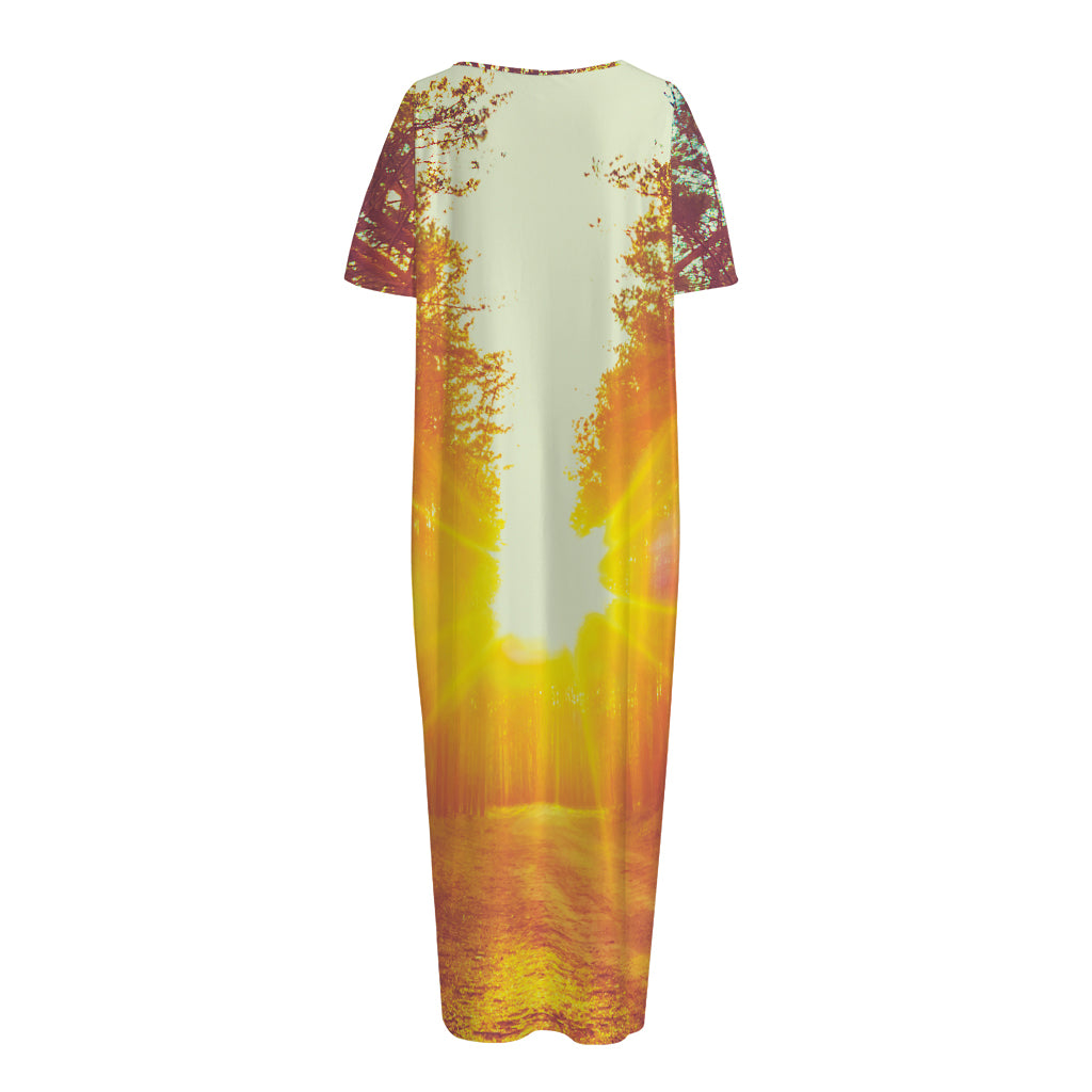 Sunrise Forest Print Short Sleeve Long Nightdress