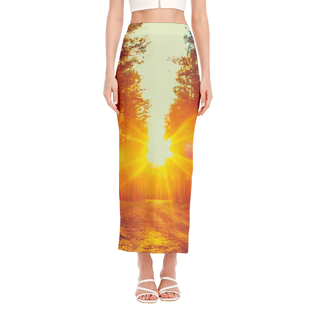 Sunrise Forest Print Side Slit Maxi Skirt