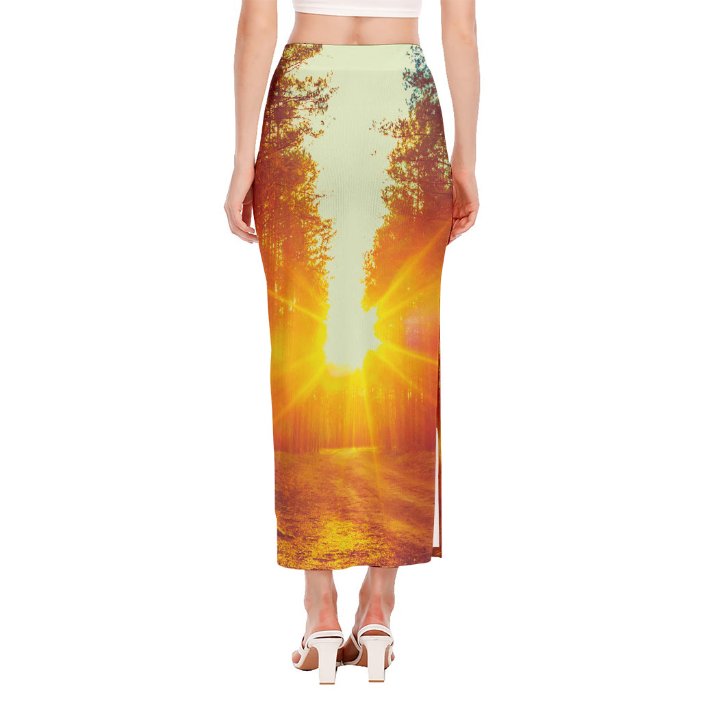 Sunrise Forest Print Side Slit Maxi Skirt