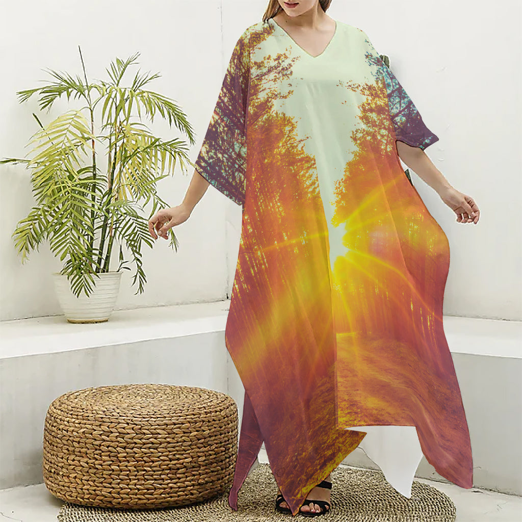 Sunrise Forest Print Silk V-Neck Kaftan Dress