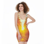 Sunrise Forest Print Sleeveless Bodycon Dress