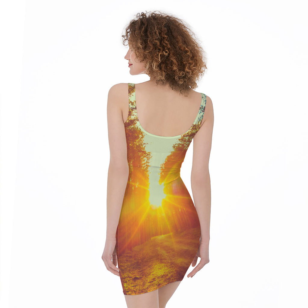 Sunrise Forest Print Sleeveless Bodycon Dress