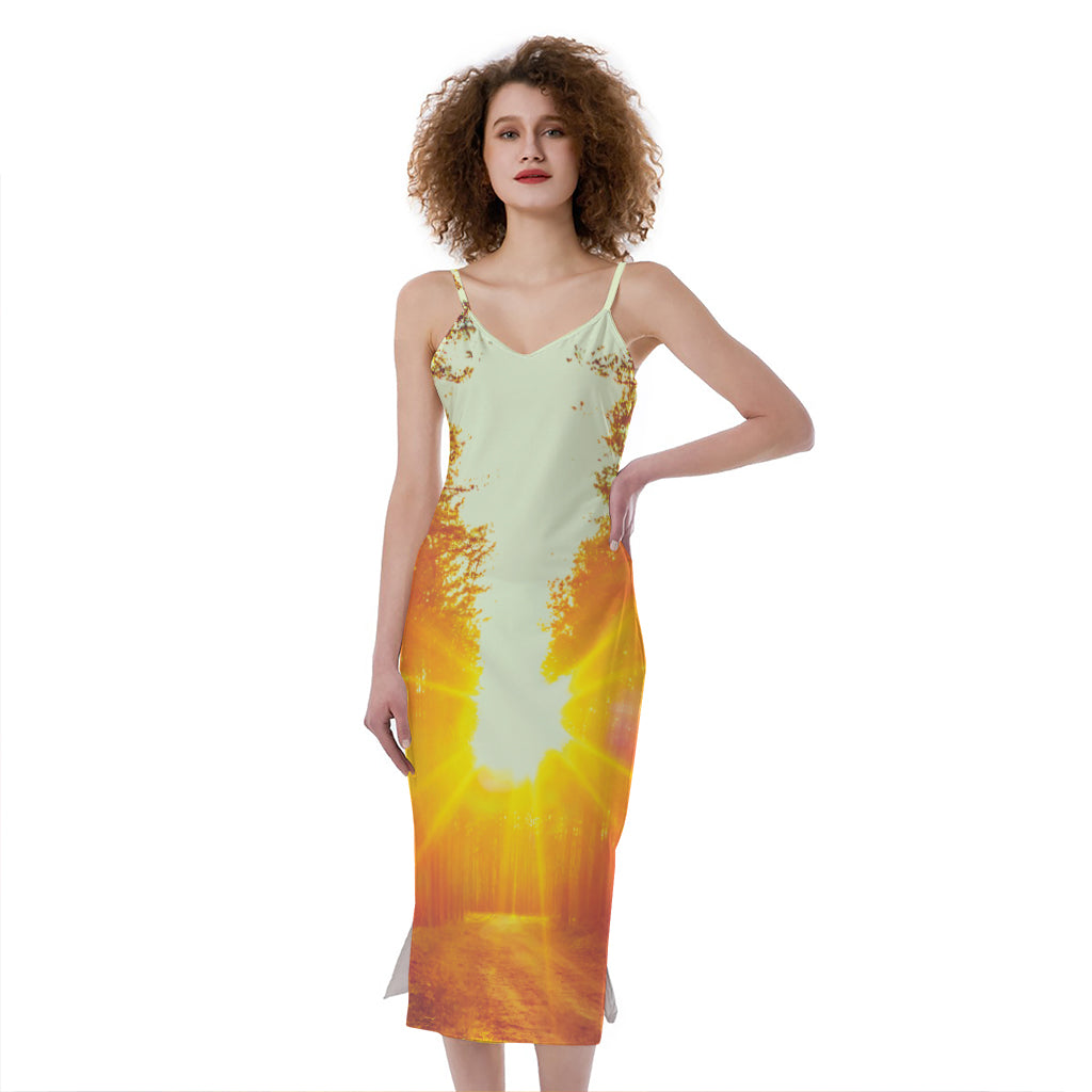 Sunrise Forest Print Slim Fit Midi Cami Dress