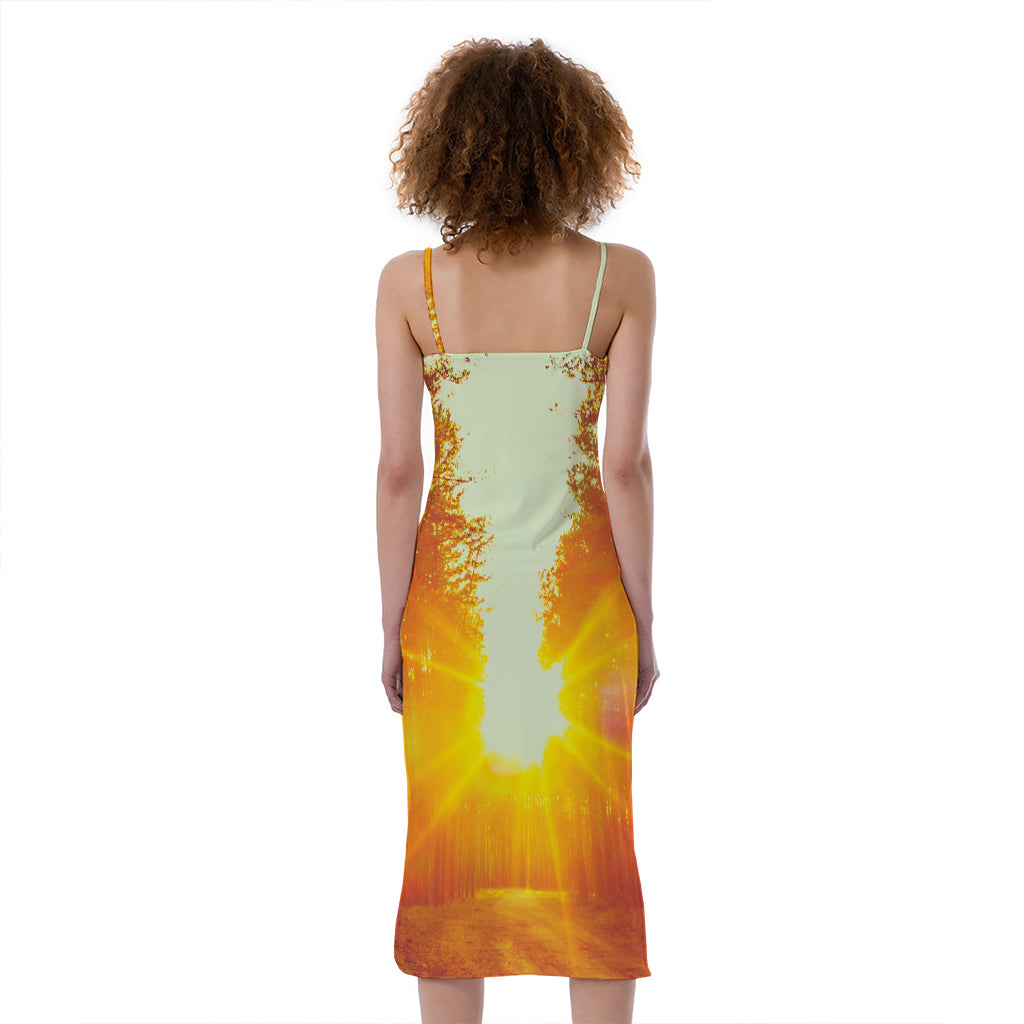 Sunrise Forest Print Slim Fit Midi Cami Dress