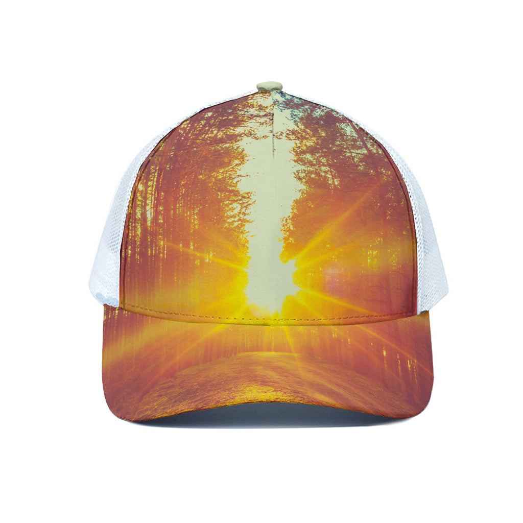 Sunrise Forest Print White Mesh Trucker Cap