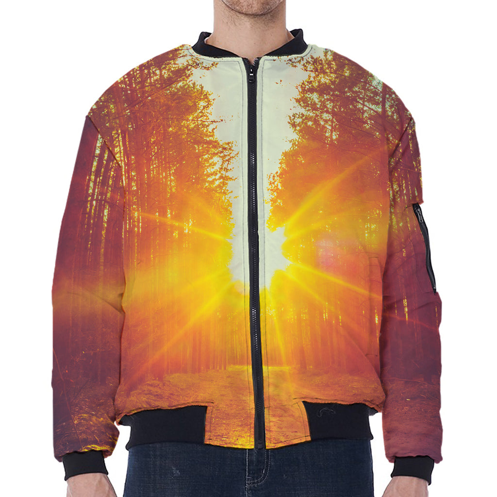 Sunrise Forest Print Zip Sleeve Bomber Jacket