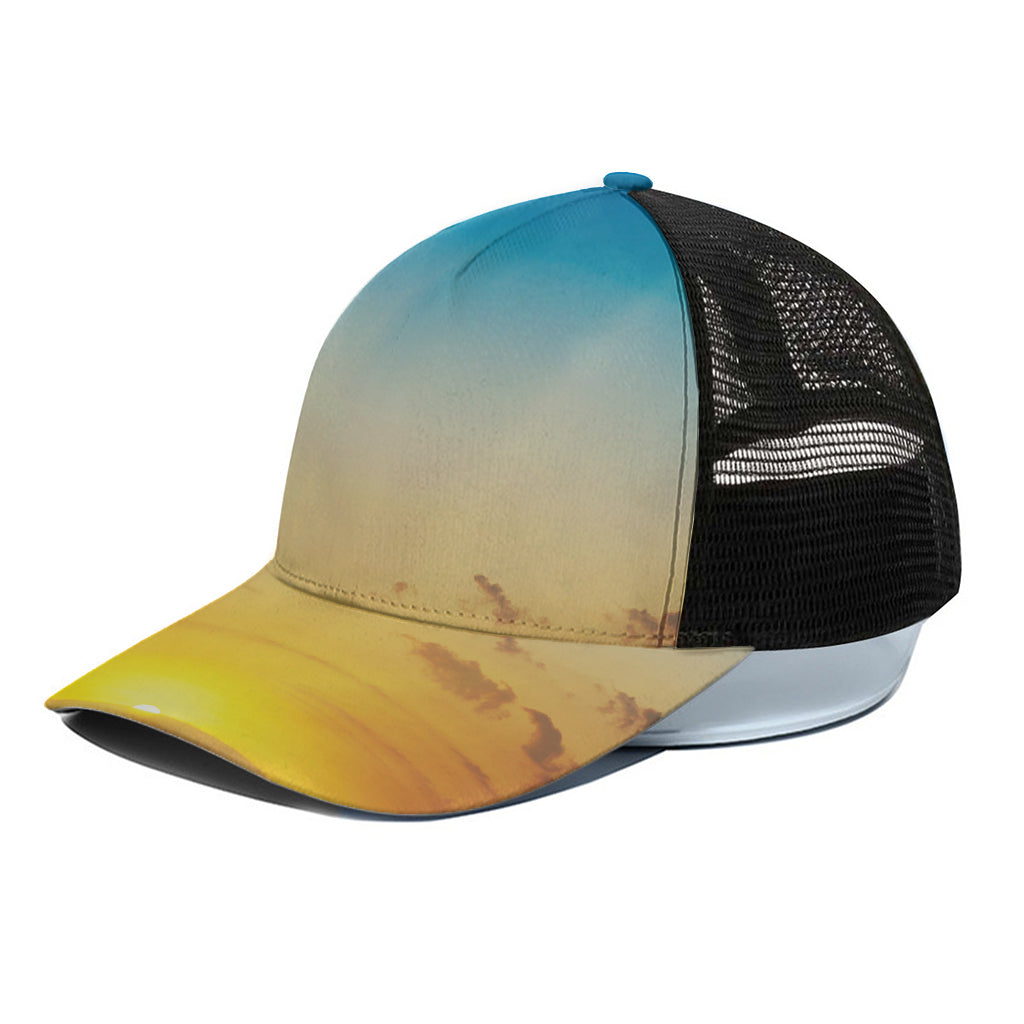 Sunrise Horizon Print Black Mesh Trucker Cap