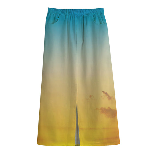 Sunrise Horizon Print Cotton Front Slit Maxi Skirt