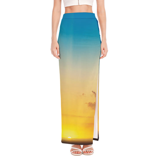 Sunrise Horizon Print High Slit Maxi Skirt
