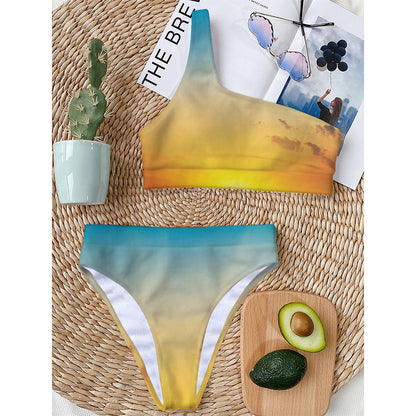 Sunrise Horizon Print One Shoulder Bikini Top