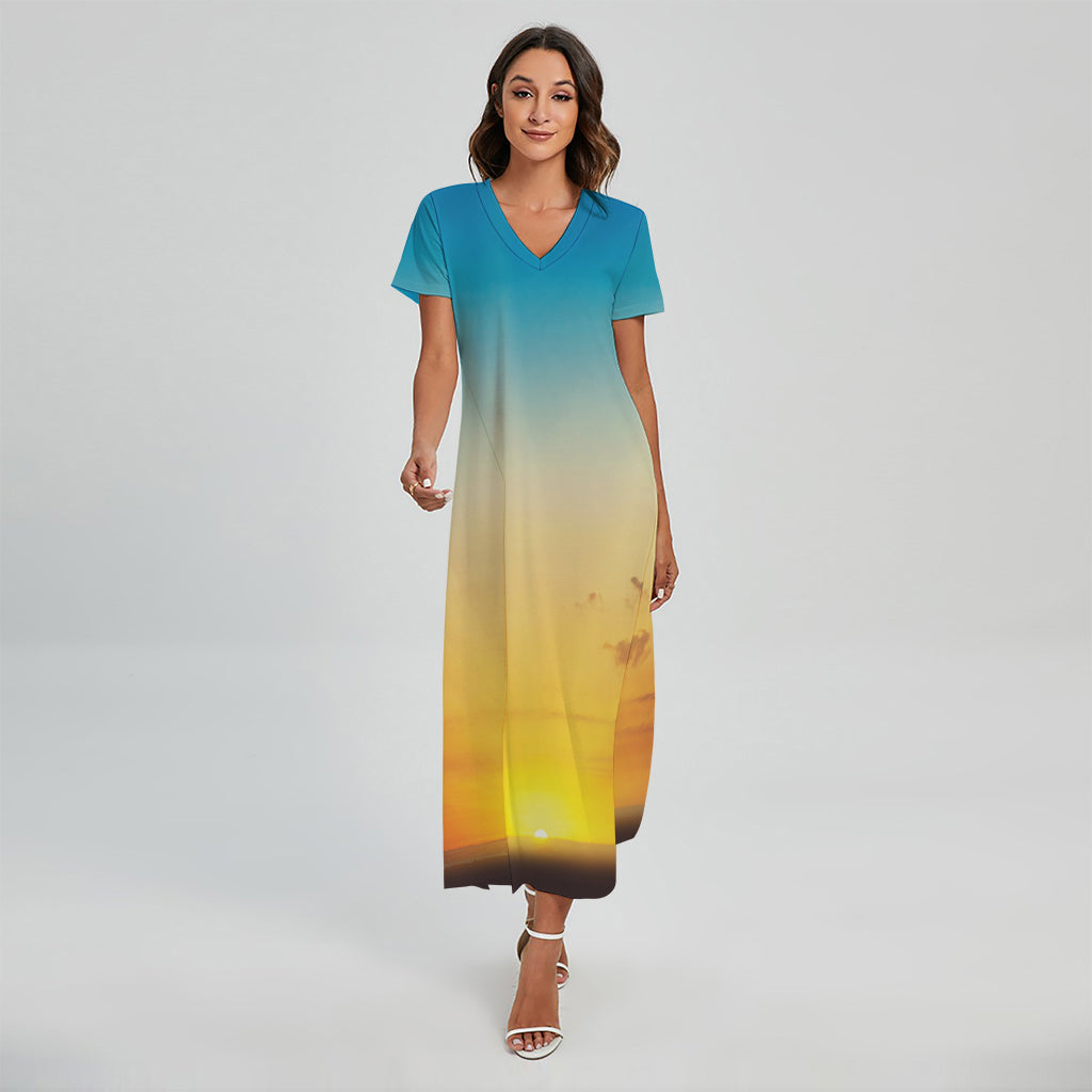 Sunrise Horizon Print Short Sleeve Maxi Dress