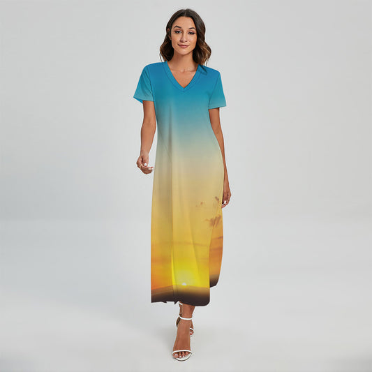 Sunrise Horizon Print Short Sleeve Maxi Dress