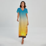 Sunrise Horizon Print Short Sleeve Maxi Dress