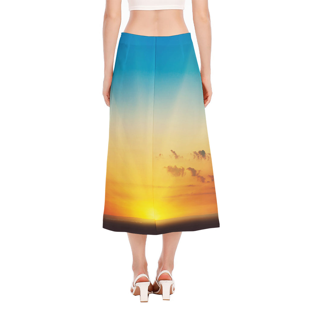 Sunrise Horizon Print Side Slit Midi Skirt