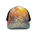 Sunrise Japanese Cherry Blossom Print Black Mesh Trucker Hat