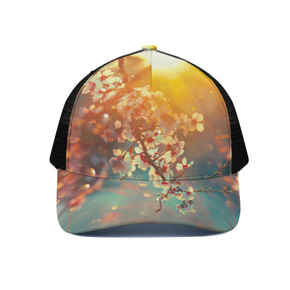 Sunrise Japanese Cherry Blossom Print Black Mesh Trucker Cap