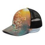 Sunrise Japanese Cherry Blossom Print Black Mesh Trucker Cap