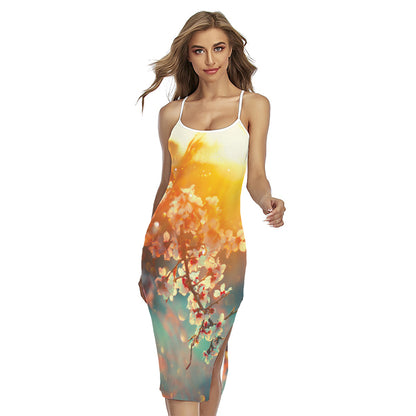 Sunrise Japanese Cherry Blossom Print Cross Back Cami Dress