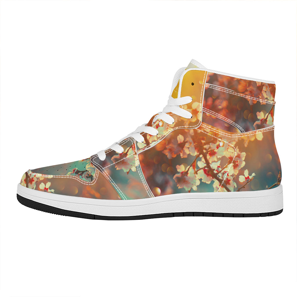 Sunrise Japanese Cherry Blossom Print High Top Leather Sneakers