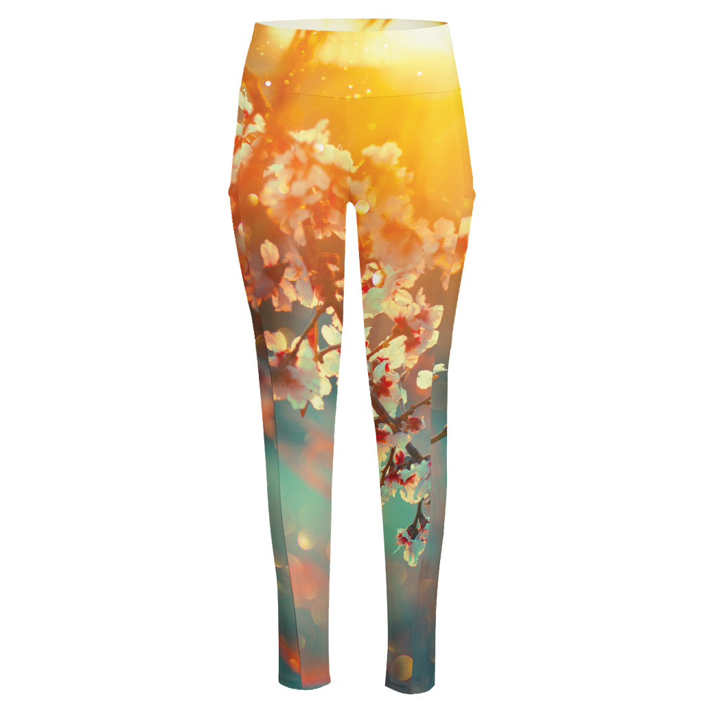 Sunrise Japanese Cherry Blossom Print High-Waisted Pocket Leggings