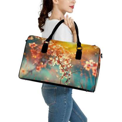 Sunrise Japanese Cherry Blossom Print Leather Duffle Bag