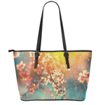 Sunrise Japanese Cherry Blossom Print Leather Tote Bag