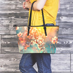 Sunrise Japanese Cherry Blossom Print Leather Tote Bag