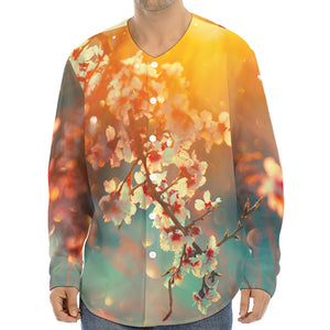 Sunrise Japanese Cherry Blossom Print Long Sleeve Baseball Jersey