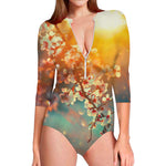 Sunrise Japanese Cherry Blossom Print Long Sleeve Swimsuit
