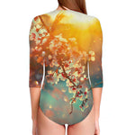 Sunrise Japanese Cherry Blossom Print Long Sleeve Swimsuit