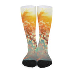 Sunrise Japanese Cherry Blossom Print Long Socks