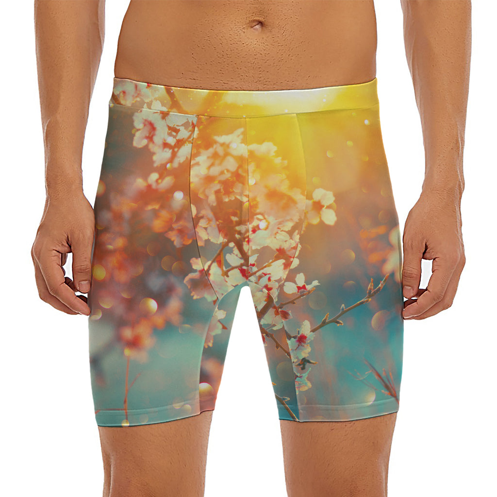 Sunrise Japanese Cherry Blossom Print Men's Long Boxer Briefs
