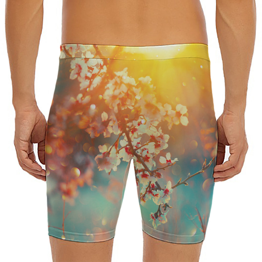 Sunrise Japanese Cherry Blossom Print Men's Long Boxer Briefs